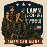 Vintage-style badge logo for Lawn Brothers landscaping service featuring two muscular men with lawn equipment and American flag
